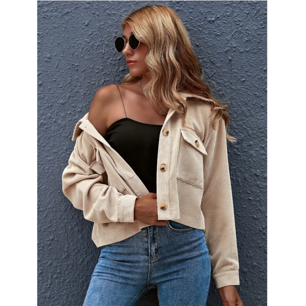 Beige Corduroy Crop Style Button Front Jacket - Picture 4 of 8